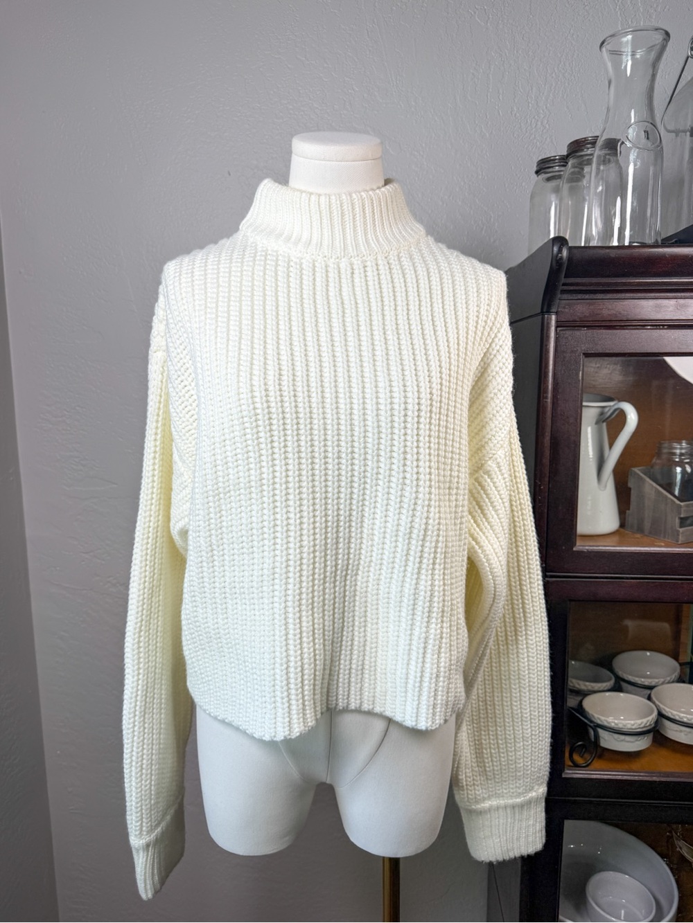Good American Chunky Rib Knit Turtleneck Sweater Cream Ivory Size S